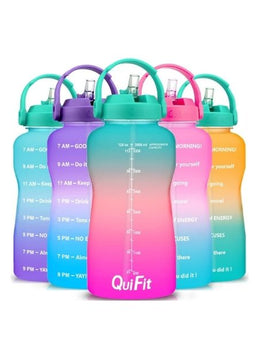 QuiFit Motivational Gallon Water Bottle - with Straw & Time Marker BPA Free 128 (Green/Pink Gradient)