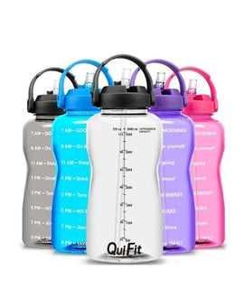 QuiFit Motivational Gallon Water Bottle - with Straw & Time Marker BPA Free 128 (Clear Black)