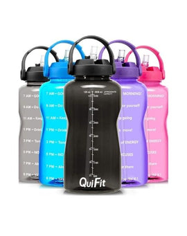 QuiFit Motivational Gallon Water Bottle - with Straw & Time Marker BPA Free 128 (Midnight black)