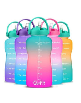 Quifit  Motivational Water Bottle 64 Oz with Straw & Time Marker BPA(Green/Pink Gradient)